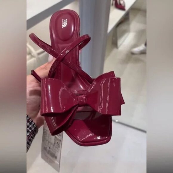 Zara Patent Leather Effect Bow Heel Sandal NWT Strawberry Red Size 37/ 6.5 - Picture 7 of 10